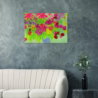 Blue Vase, Many Flowers - Naïve Art Primitivism, Pop Art - Walasse Ting Brushed Aluminum Print - 70x100 cm / 28x40 inches | Walasse Ting Aluminum Print | Walasse Ting Prints