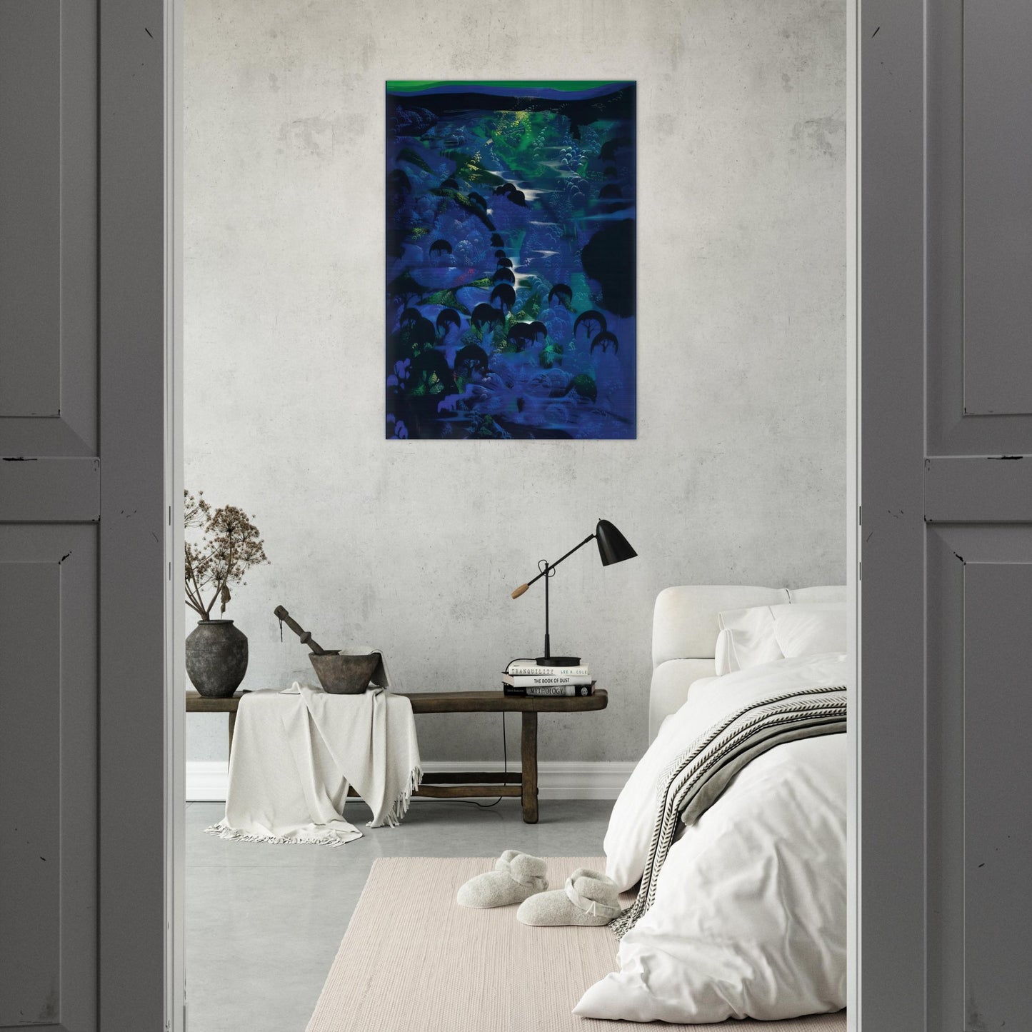 Beneath an Emerald Sky - Eyvind Earle Brushed Aluminum Print - 70x100 cm / 28x40 inches | Eyvind Earle Aluminum Print | Eyvind Earle Prints