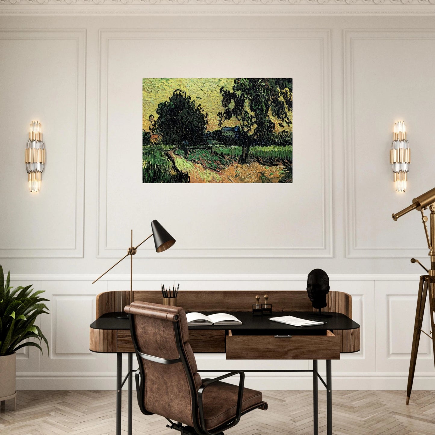 Landscape with the Chateau of Auvers at Sunset - Vincent van Gogh Brushed Aluminum Print - 70x100 cm / 28x40 inches | Vincent van Gogh Aluminum Print | Vincent van Gogh Prints