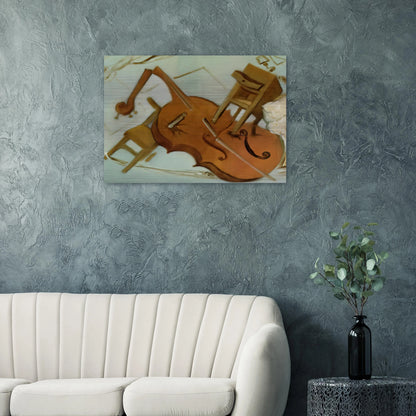 BED CHAIR AND BEDSIDE TABLE FEROCIOUSLY ATTACKING A CELLO - Salvador Dali Brushed Aluminum Print - 70x100 cm / 28x40 inches | Salvador Dali Aluminum Print | Salvador Dali Prints