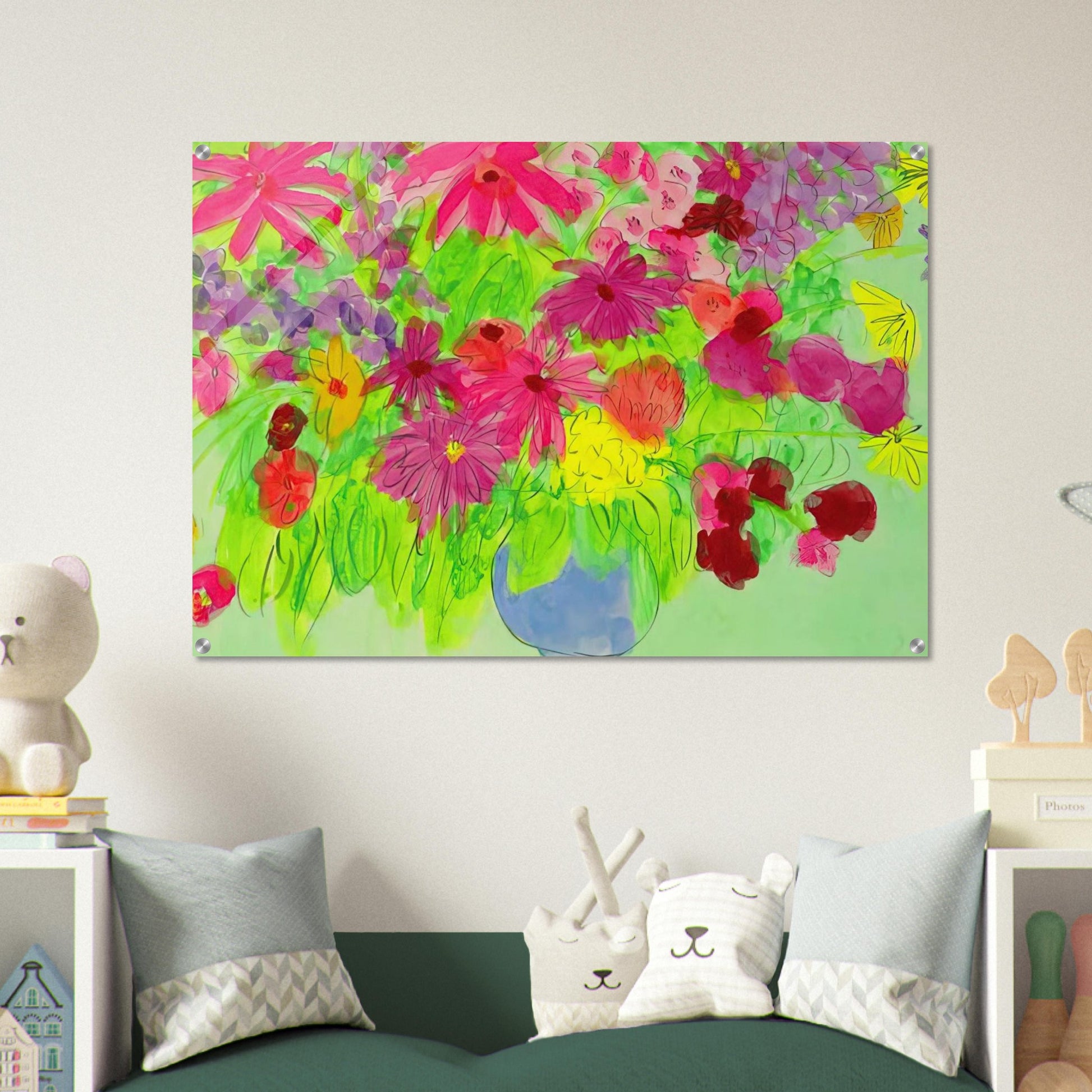 Blue Vase, Many Flowers - Naïve Art Primitivism, Pop Art - Walasse Ting Acrylic Print - 70x100 cm / 28x40″ inches