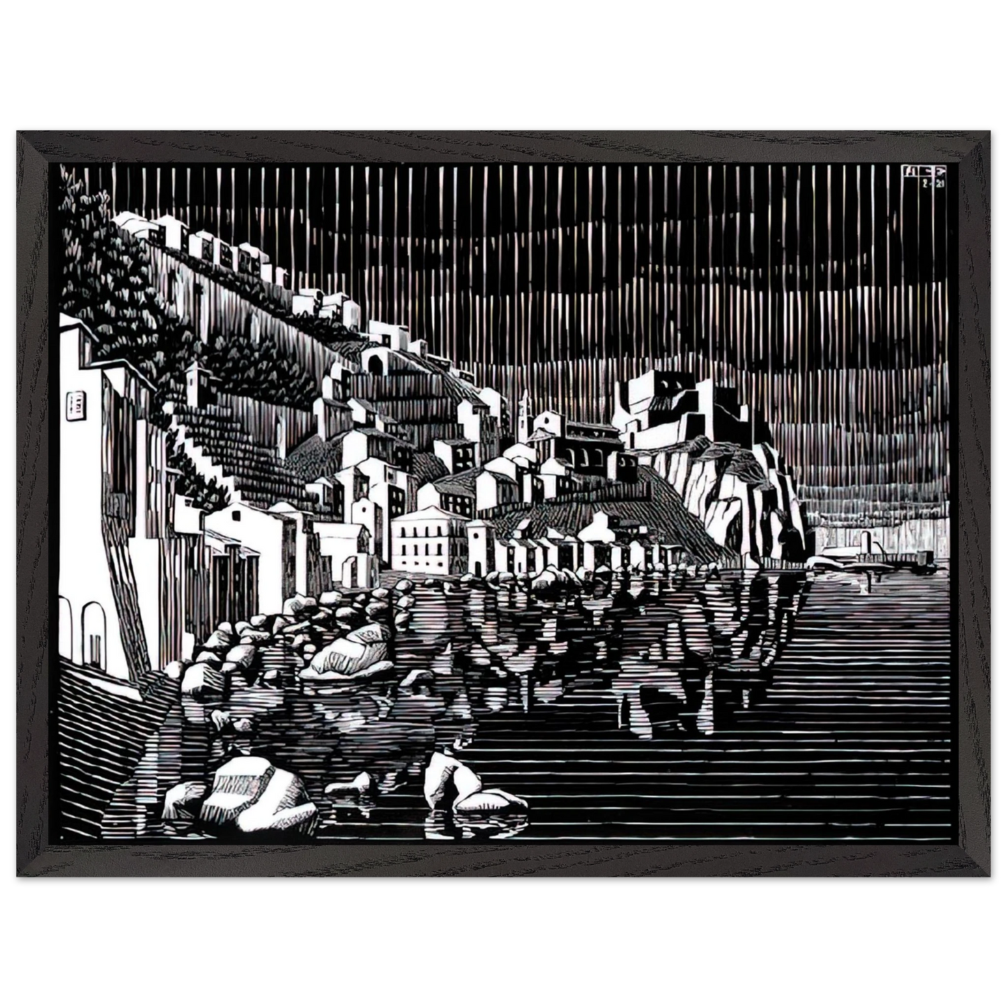 MC Escher - SCILLA CALABRIA FEBRUARY 1931 1931 Wall Art - 60x80 cm / 24x32 inches - Premium Wooden Framed Poster With Fine Art Paper - Black frame