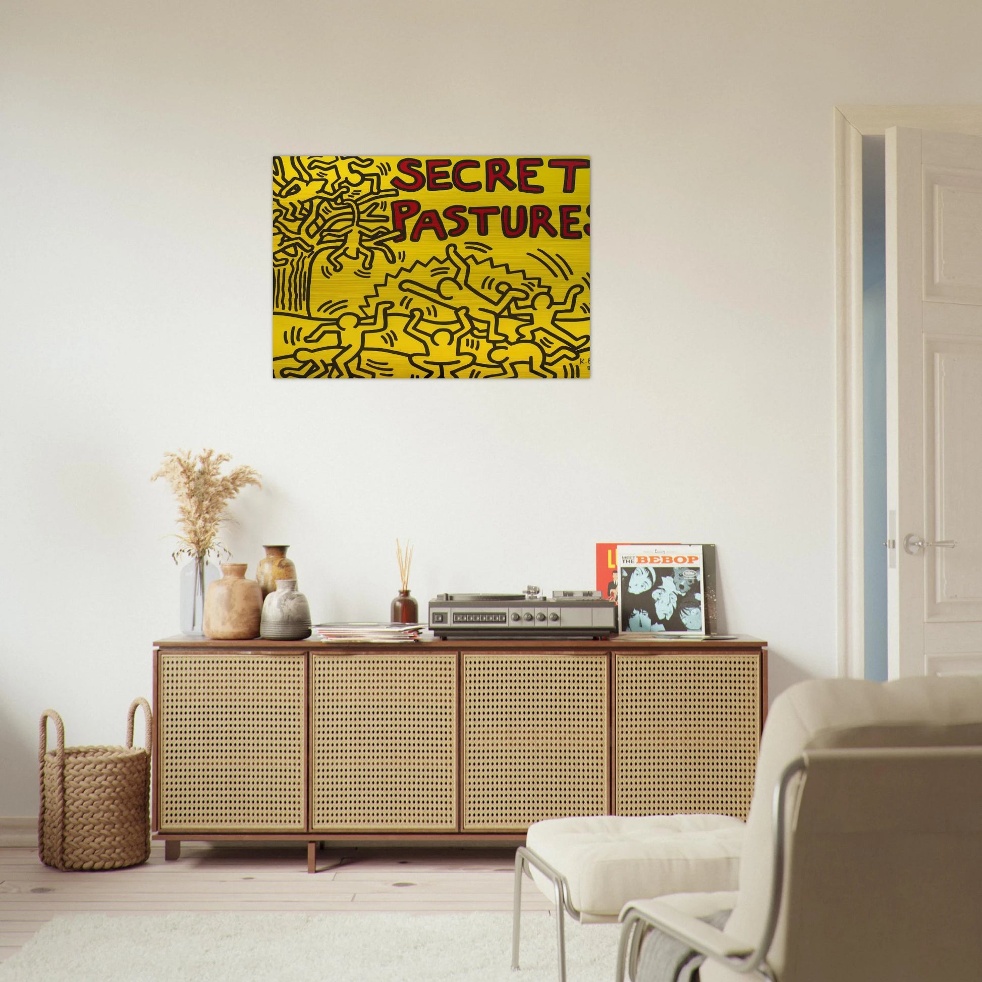 A POSTER FOR THE BILL T JONES AND ARNIE ZANE PERFORMANCE PIECE SECRET PASTURES 1984 - Keith Haring Brushed Aluminum Print - 70x100 cm / 28x40 inches | Keith Haring Aluminum Print | Keith Haring Prints
