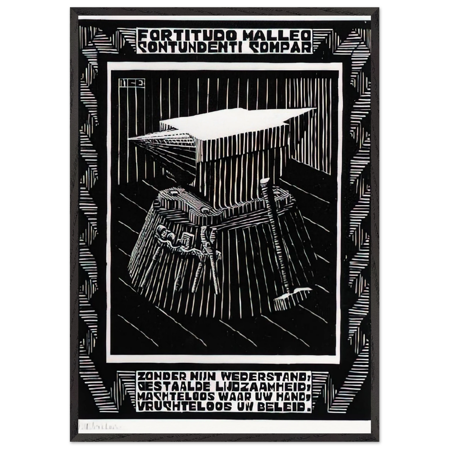 EMBLEMATA ANVIL - MC Escher 70x100 cm / 28x40 inches Framed Art Print – Black Wooden Frame | Maurits Cornelis Escher Prints