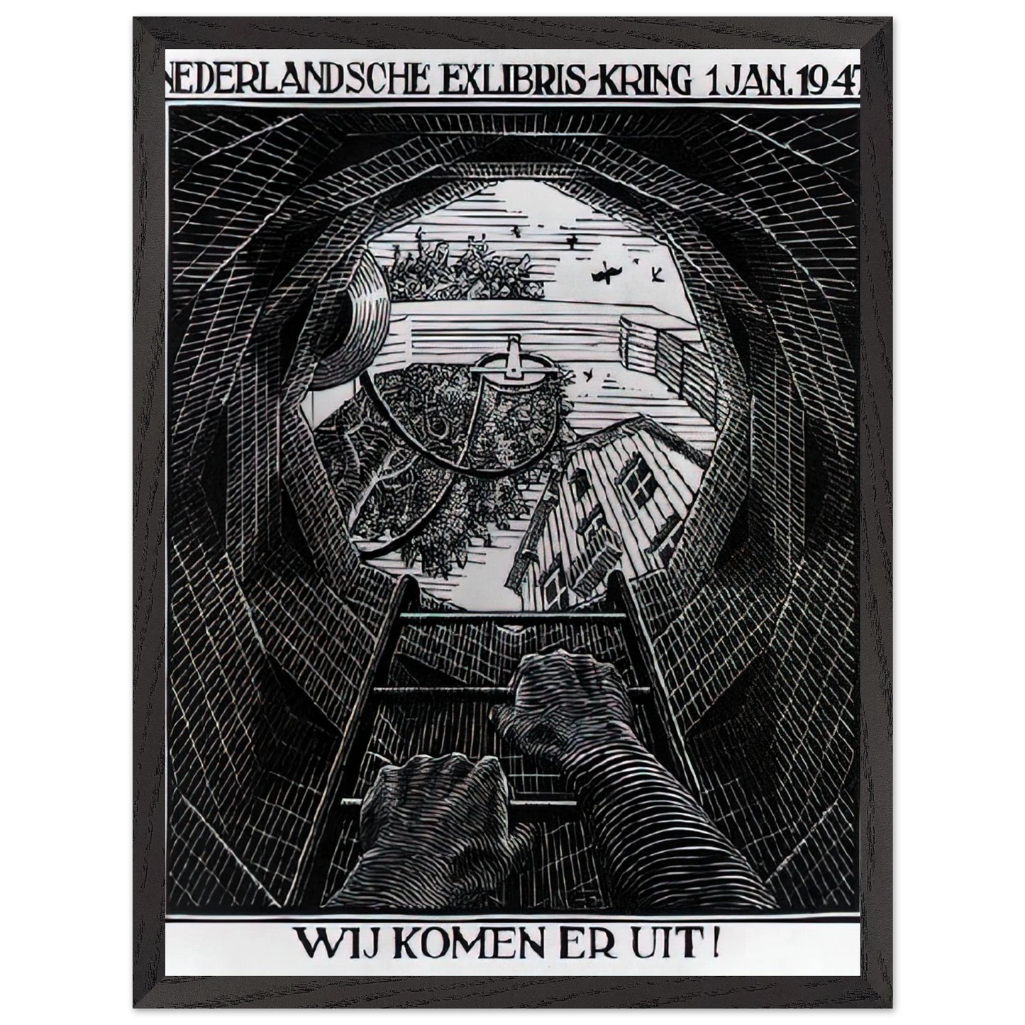 MC Escher - NEW YEAR S GREETING CARD Wall Art - 60x80 cm / 24x32 inches - Premium Wooden Framed Poster With Fine Art Paper-canvas - White frame