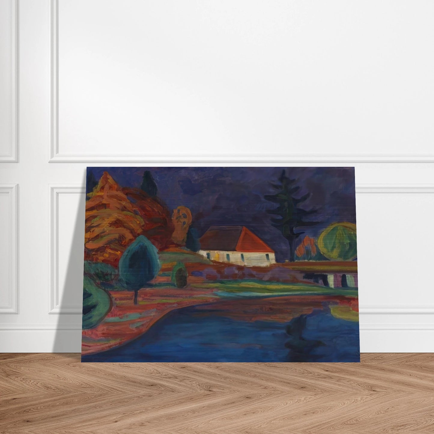 LANDSCHAFT MIT HAUS IN OBERAU 1908 - Gabriele Munter Brushed Aluminum Print - 70x100 cm / 28x40 inches | Gabriele Munter Aluminum Print | Gabriele Munter Prints
