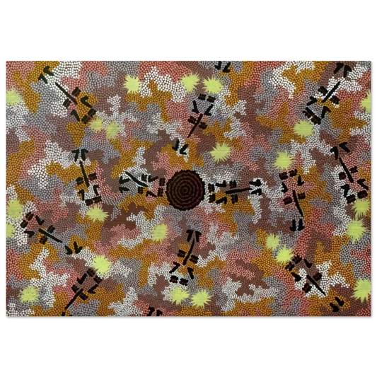 Kangaroo Dreaming, Mt. Dennison - 1989 - Clifford Possum Tjapaltjarri Brushed Aluminum Print - 70x100 cm / 28x40 inches | Clifford Possum Tjapaltjarri Aluminum Print | Clifford Possum Tjapaltjarri Prints