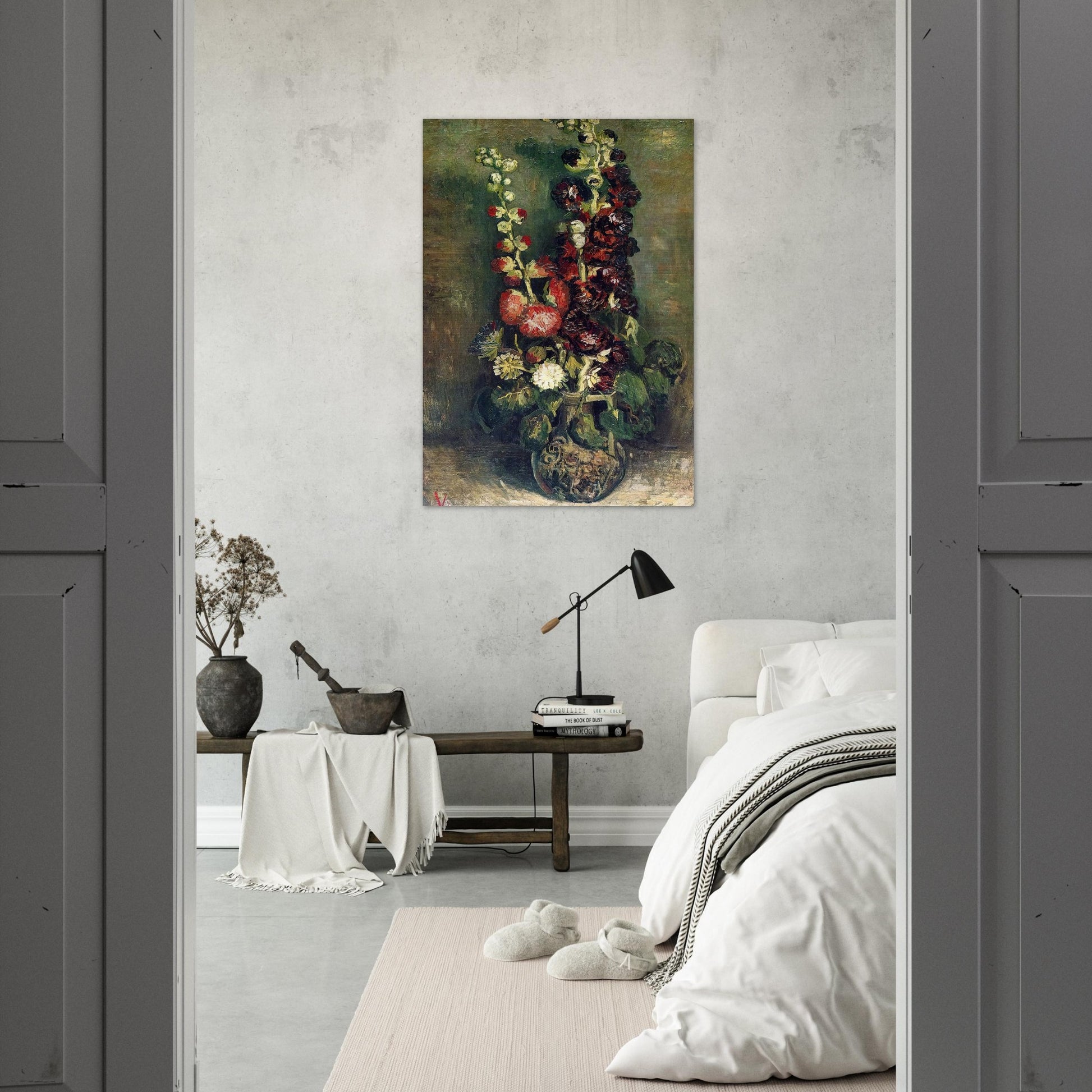 Vase of Hollyhocks - Vincent van Gogh Brushed Aluminum Print - 70x100 cm / 28x40 inches | Vincent van Gogh Aluminum Print | Vincent van Gogh Prints