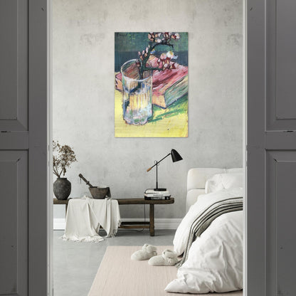 Blossoming Almond Branch in a Glass with a Book - Vincent van Gogh Brushed Aluminum Print - 70x100 cm / 28x40 inches | Vincent van Gogh Aluminum Print | Vincent van Gogh Prints