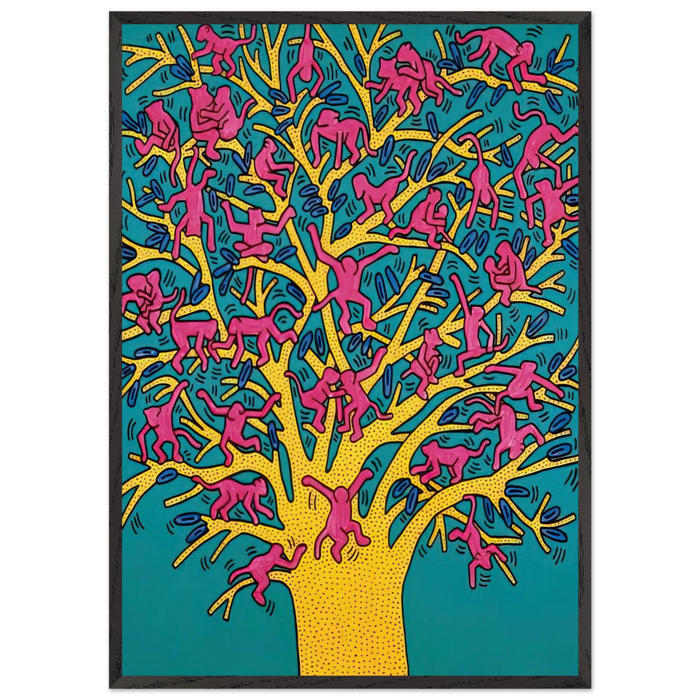 THE TREE OF MONKEYS N1 - Keith Haring 70x100 cm / 28x40 inches Framed Art Print – Black Wooden Frame | Keith Haring Art For Sale