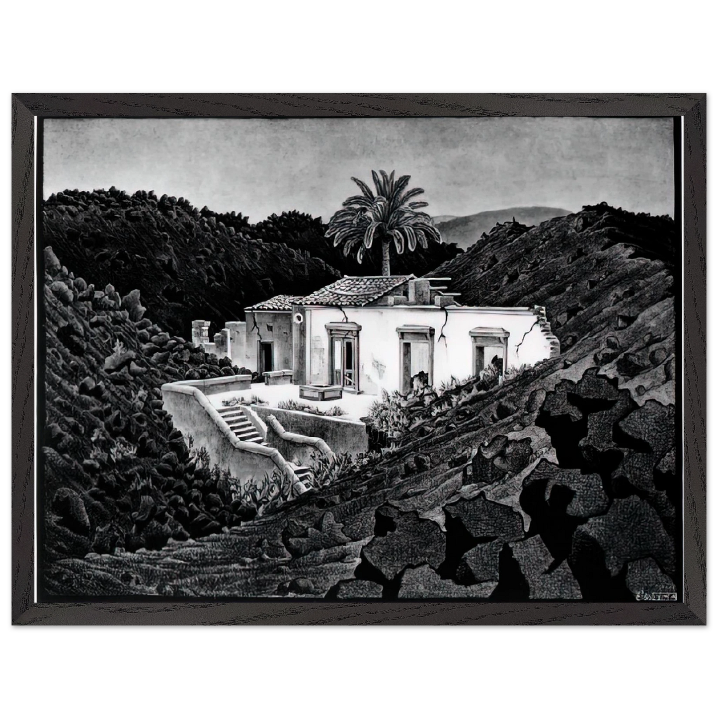 MC Escher - HOUSE IN THE LAVA NEAR NUNZIATA Wall Art - 30x40 cm / 12x16 inches - Premium Wooden Framed Poster With Fine Art Paper-canvas - White frame