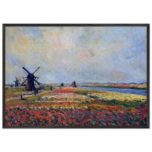 Fields of Flowers and Windmills near Leiden - claude monet 70x100 cm / 28x40 inches Framed Art Print – Black Wooden Frame