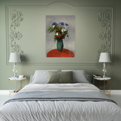 VASE OF FLOWERS ON A RED TABLECLOTH - Odilon Redon Brushed Aluminum Print - 70x100 cm / 28x40 inches | Odilon Redon Aluminum Print | Odilon Redon Prints