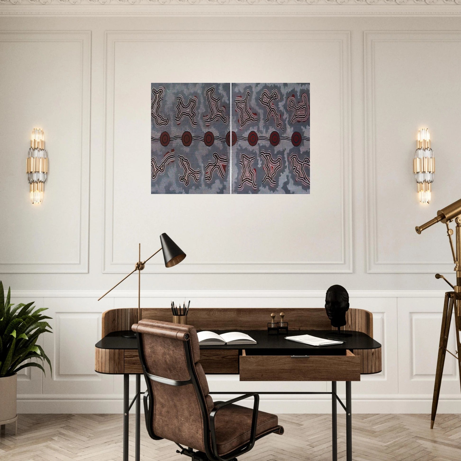Narripi Dreaming Diptych - 1990 - Clifford Possum Tjapaltjarri Brushed Aluminum Print - 70x100 cm / 28x40 inches | Clifford Possum Tjapaltjarri Aluminum Print | Clifford Possum Tjapaltjarri Prints