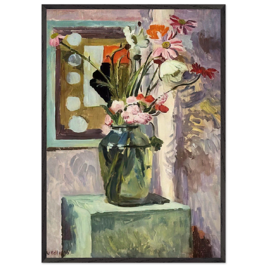 FLOWERS IN A GLASS VASE WITH ABSTRACT NEEDLEWORK DESIGN - Vanessa Bell 70x100 cm / 28x40 inches Framed Art Print – Black Wooden Frame