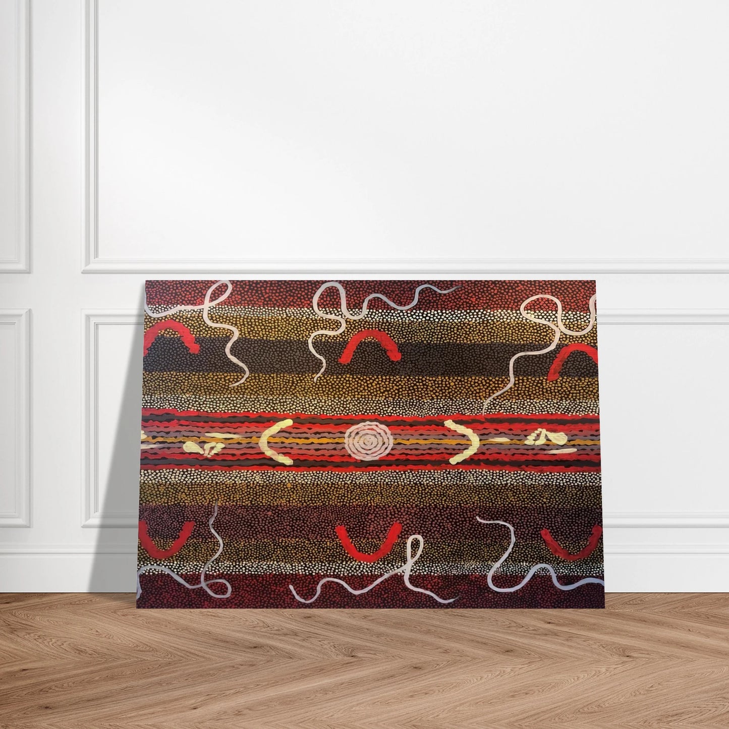 Men's Maliyarre Initiation Ceremony - 1999 - Clifford Possum Tjapaltjarri Brushed Aluminum Print - 70x100 cm / 28x40 inches | Clifford Possum Tjapaltjarri Aluminum Print | Clifford Possum Tjapaltjarri Prints