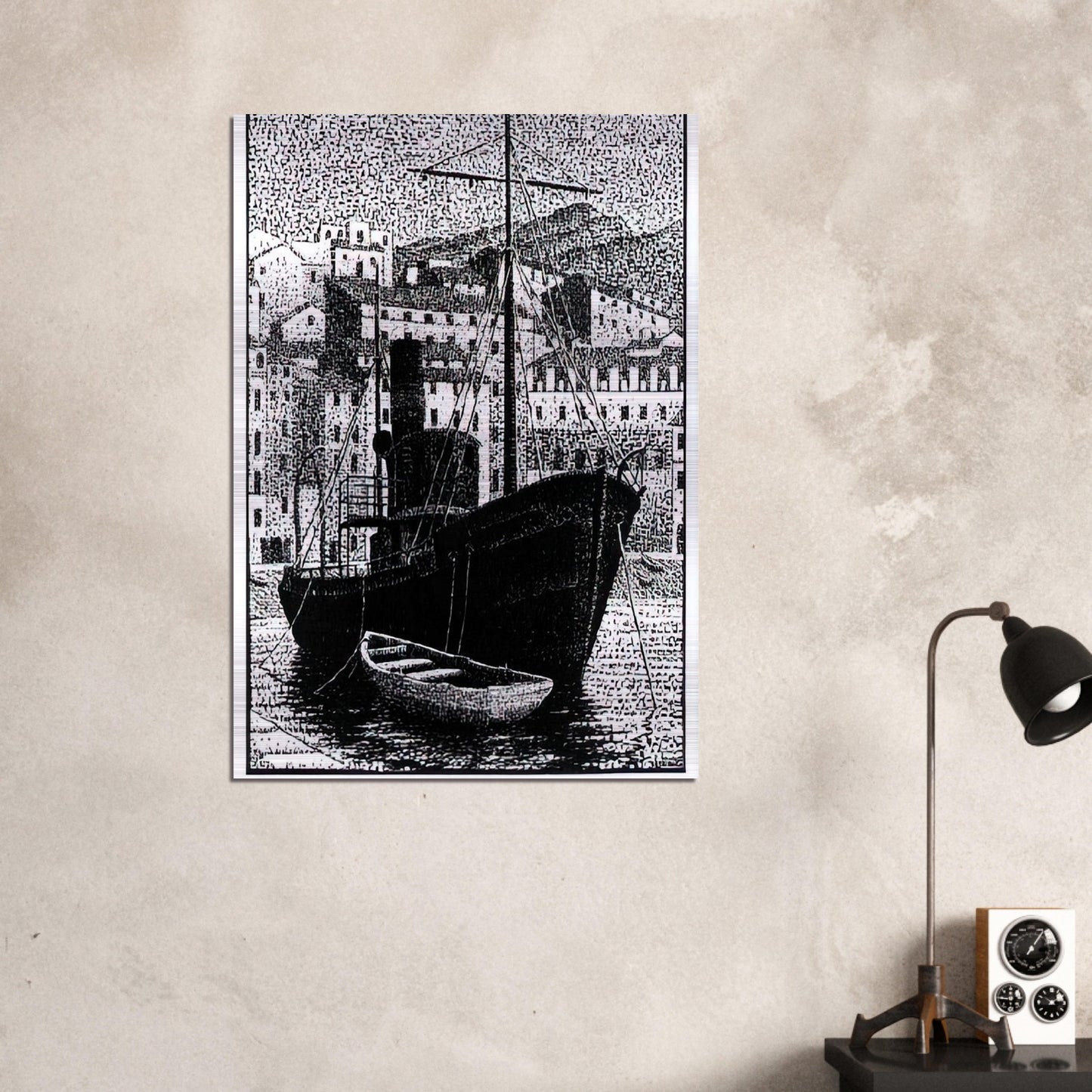 TUGBOAT OLD HARBOR OF BASTIA JANUARY 1934 1934 - MC Escher Brushed Aluminum Print - 70x100 cm / 28x40 inches | MC Escher Aluminum Print | MC Escher Prints
