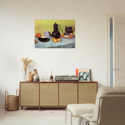 Still Life with Blue Enamel Coffeepot, Earthenware and Fruit - Vincent van Gogh Brushed Aluminum Print - 70x100 cm / 28x40 inches | Vincent van Gogh Aluminum Print | Vincent van Gogh Prints