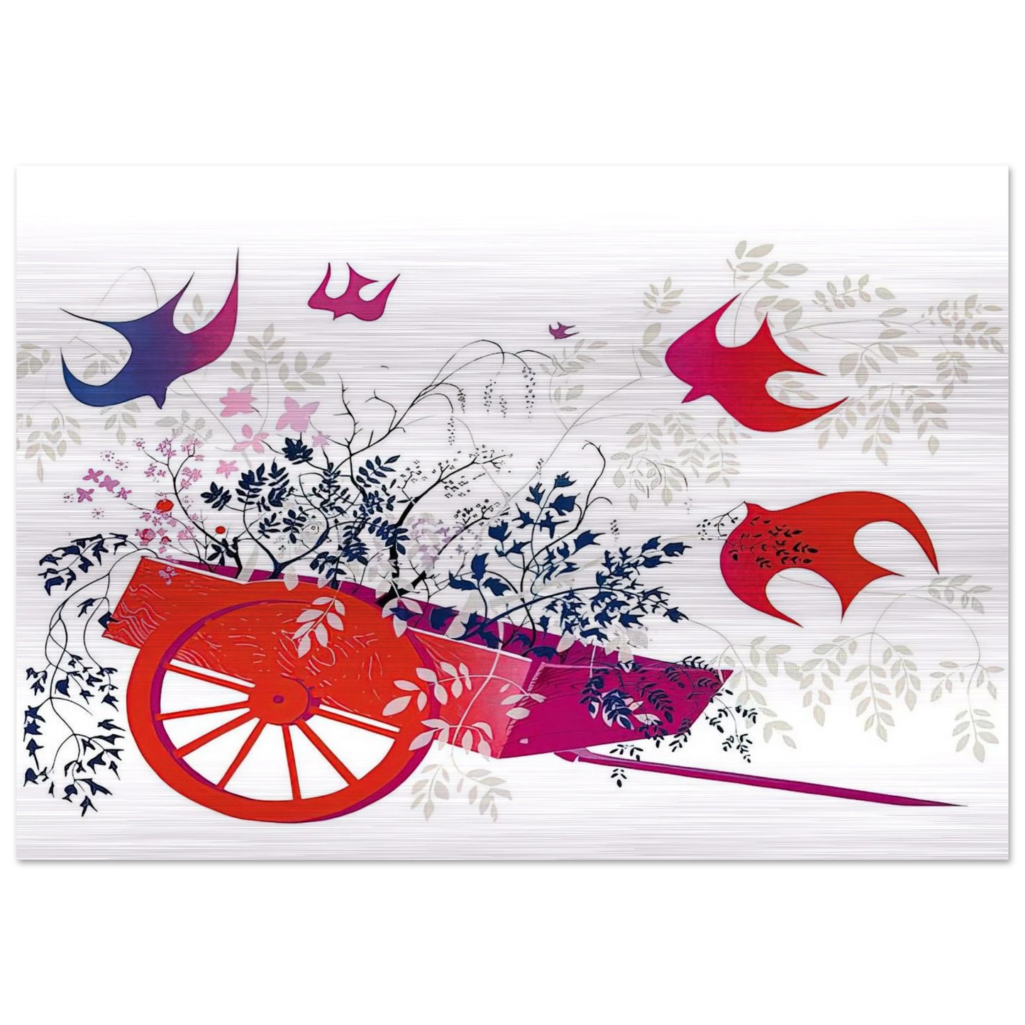 Red Wagon & Foliage - Eyvind Earle Brushed Aluminum Print - 70x100 cm / 28x40 inches | Eyvind Earle Aluminum Print | Eyvind Earle Prints