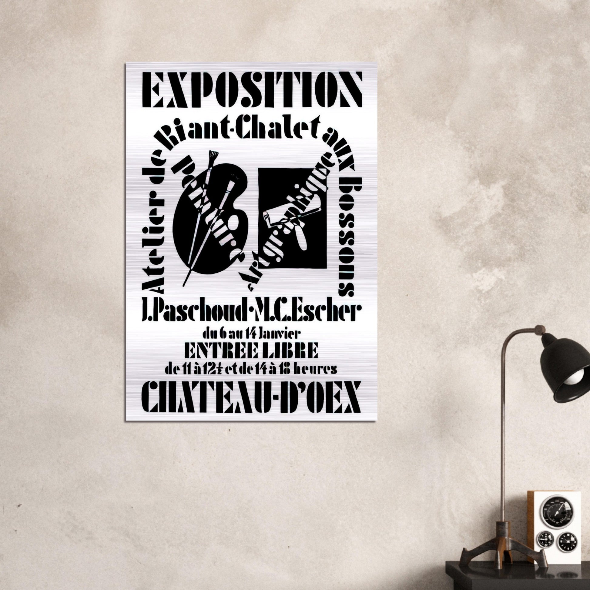 POSTER FOR EXHIBITION JOHN PASCHOUD AND M C ESCHER DECEMBER 1936 1936 - MC Escher Brushed Aluminum Print - 70x100 cm / 28x40 inches | MC Escher Aluminum Print | MC Escher Prints