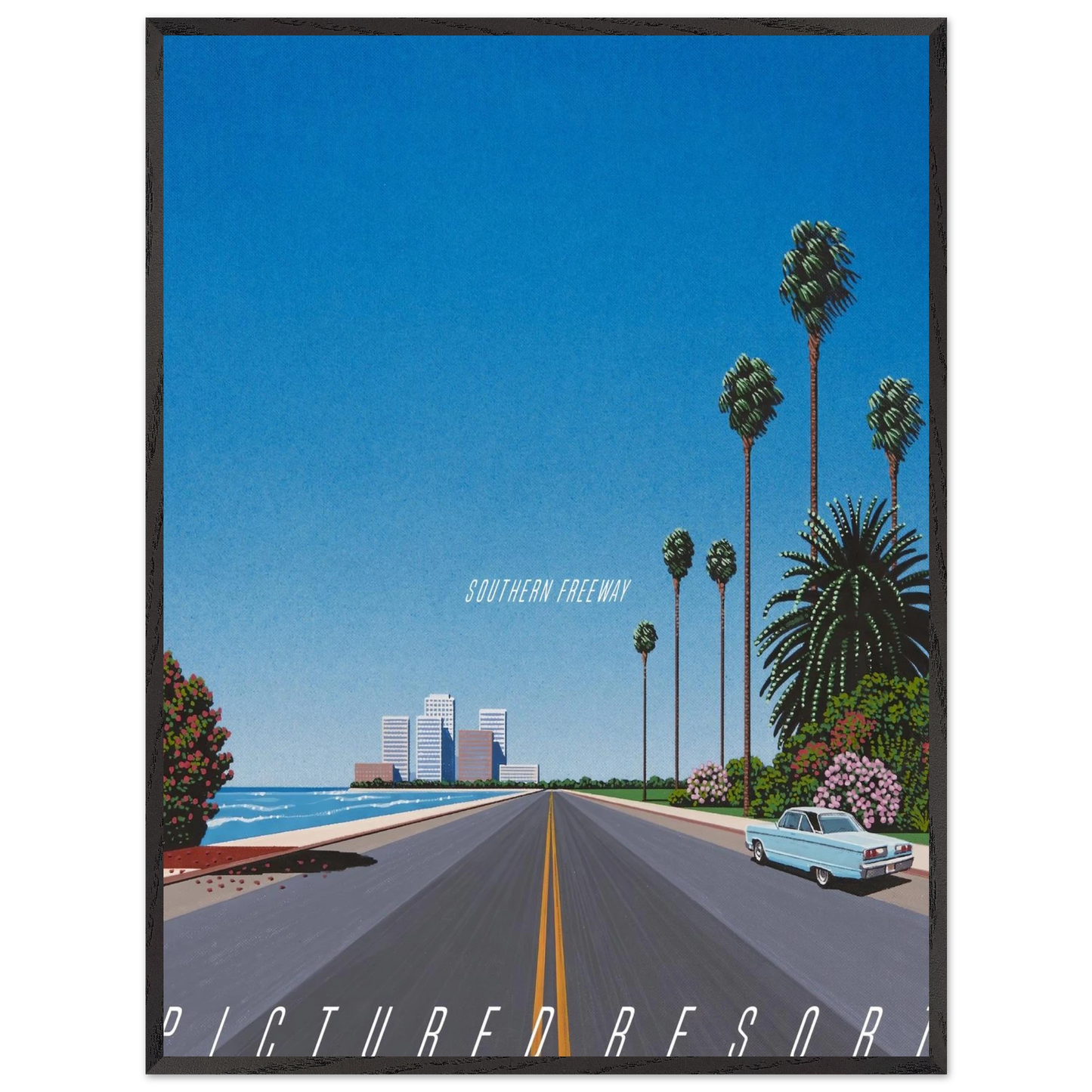 Hiroshi Nagai - Southern Freeway Pictured Resort Wall Art - 30x40 cm / 12x16 inches - Premium Wooden Framed Poster With Fine Art Paper - Wood frame