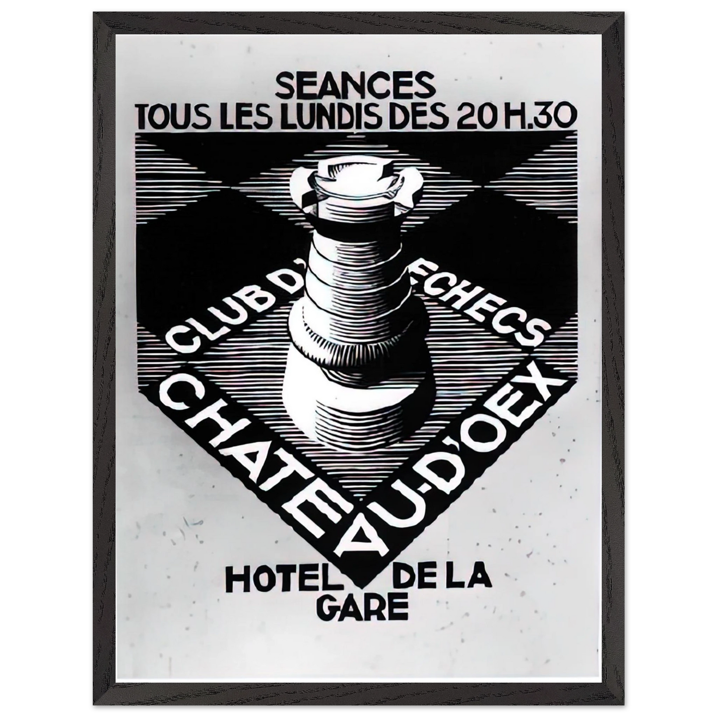 MC Escher - ADVERTISEMENT CHESS CLUB CHATEAU DOEX JULY 1936 1936 Wall Art - 21x29.7 cm / 8x12" - Premium Wooden Framed Poster With Fine Art Paper - White frame
