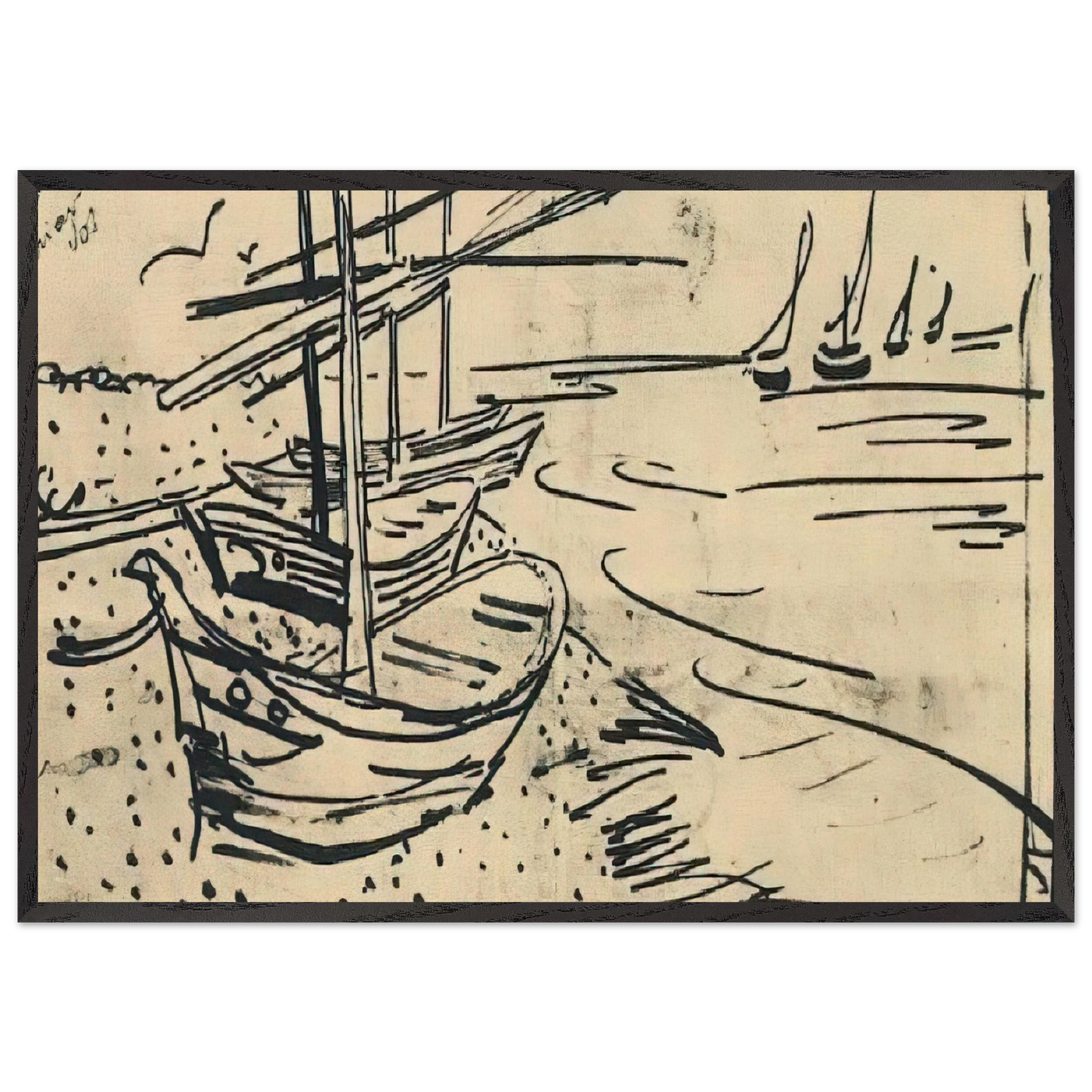 Fishing Boats on the Beach - Vincent van Gogh 70x100 cm / 28x40 inches Framed Art Print – Black Wooden Frame