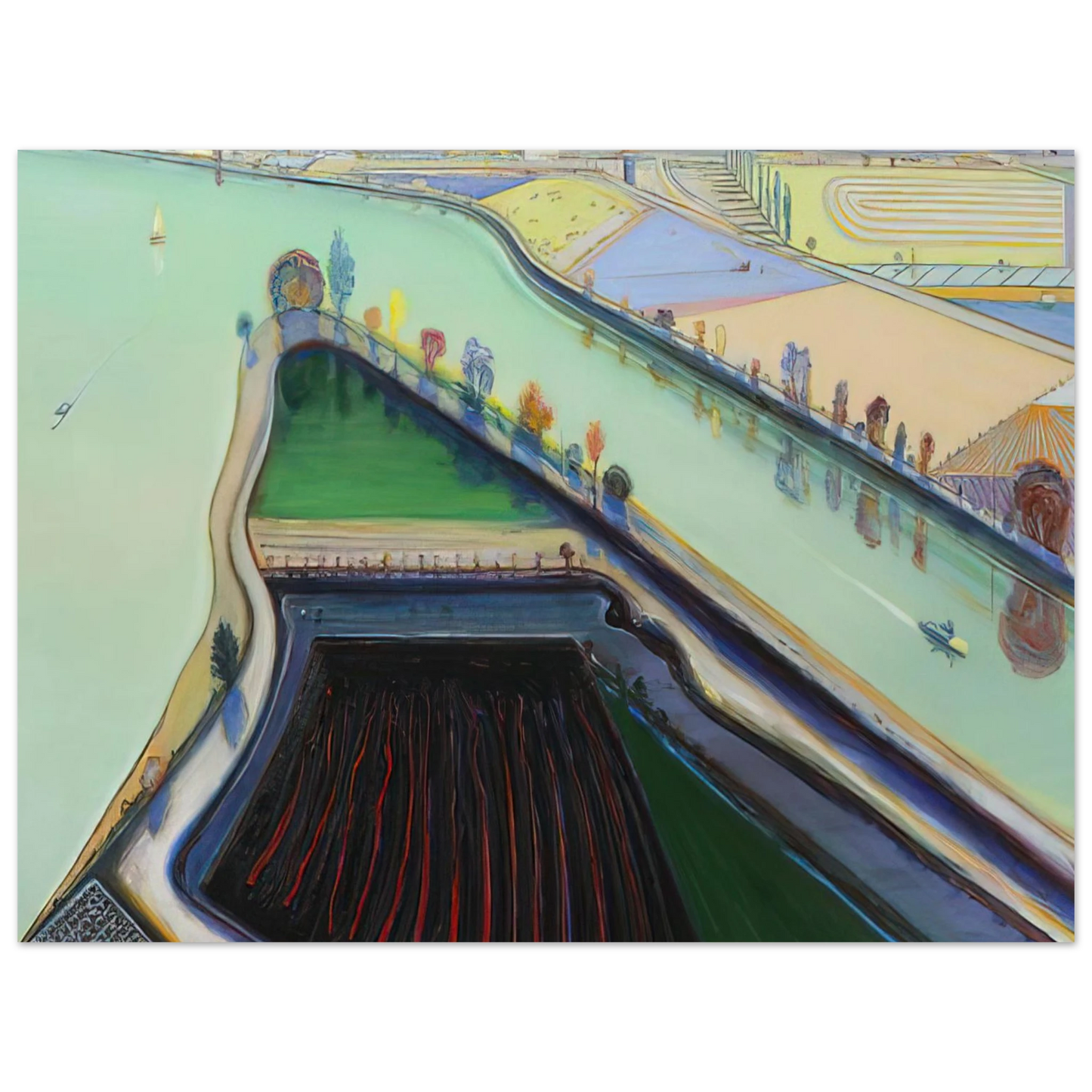 Wayne Thiebaud - River Boats - 2001 Wall Art - 21x29.7 cm / 8x12" - Premium Wooden Framed Poster With Fine Art Paper-canvas - White frame
