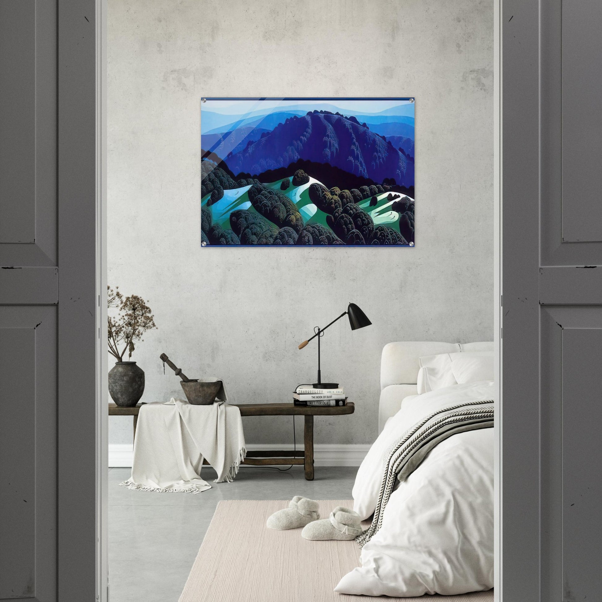 Three Fields and a Mountain - Eyvind Earle Acrylic Print - 70x100 cm / 28x40″ inches