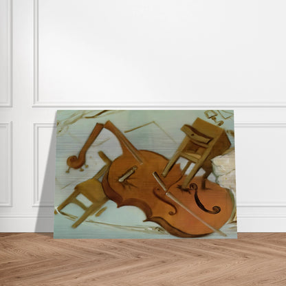 BED CHAIR AND BEDSIDE TABLE FEROCIOUSLY ATTACKING A CELLO - Salvador Dali Brushed Aluminum Print - 70x100 cm / 28x40 inches | Salvador Dali Aluminum Print | Salvador Dali Prints