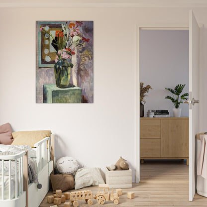 FLOWERS IN A GLASS VASE WITH ABSTRACT NEEDLEWORK DESIGN - Vanessa Bell Brushed Aluminum Print - 70x100 cm / 28x40 inches | Vanessa Bell Aluminum Print | Vanessa Bell Prints