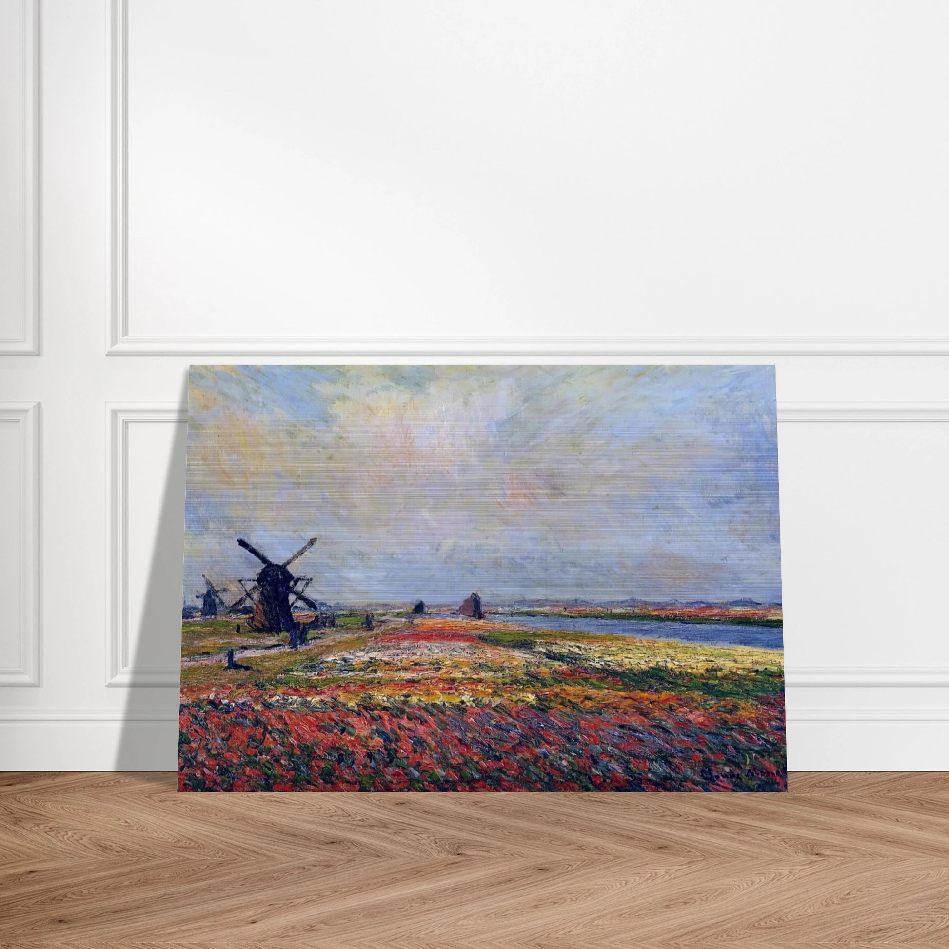 Fields of Flowers and Windmills near Leiden - claude monet Brushed Aluminum Print - 70x100 cm / 28x40 inches | claude monet Aluminum Print | claude monet Prints