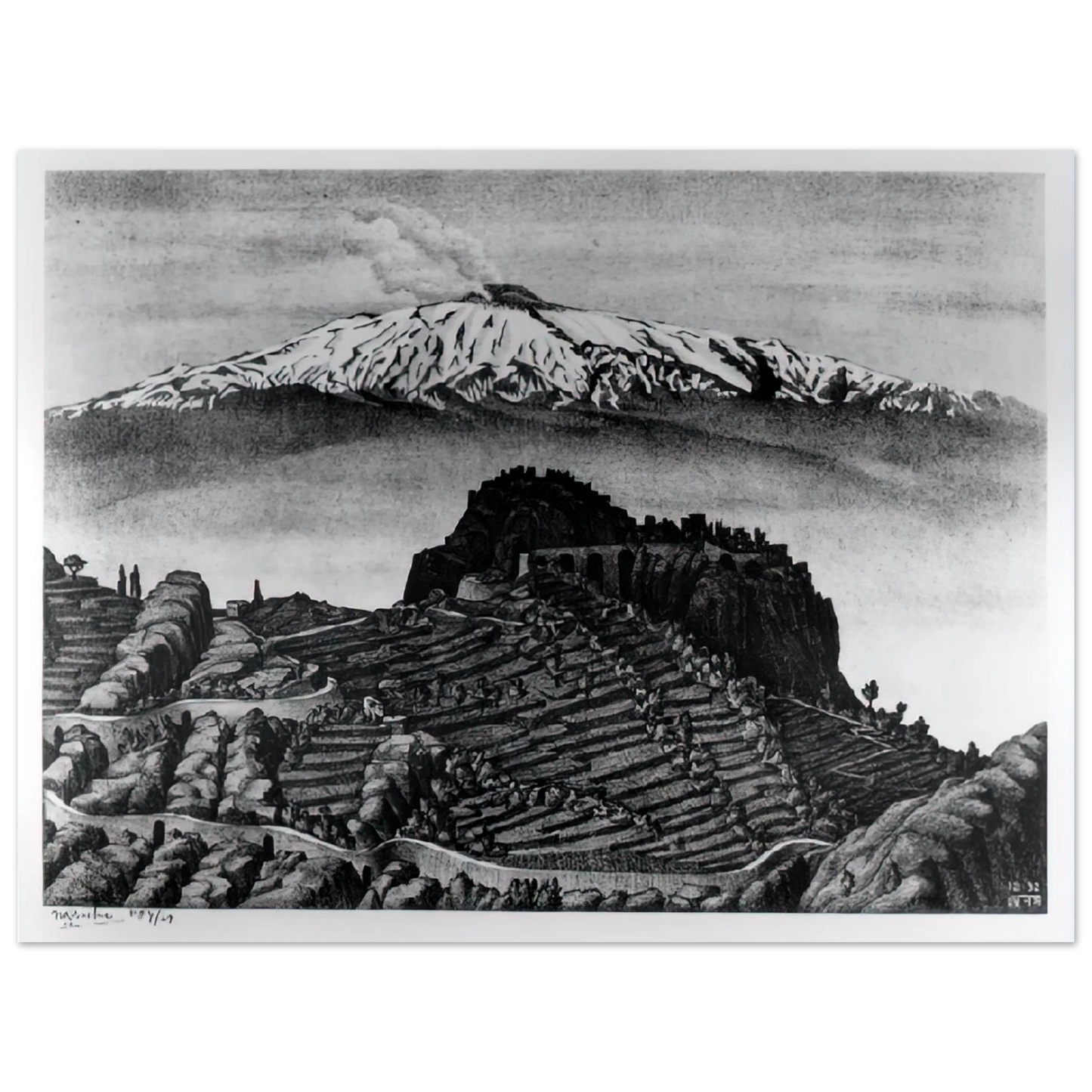 MC Escher - CASTEL MOLA AND MOUNT ETNA SICILY DECEMBER 1932 1932 Wall Art - 21x29.7 cm / 8x12" - Fine Art Poster - -