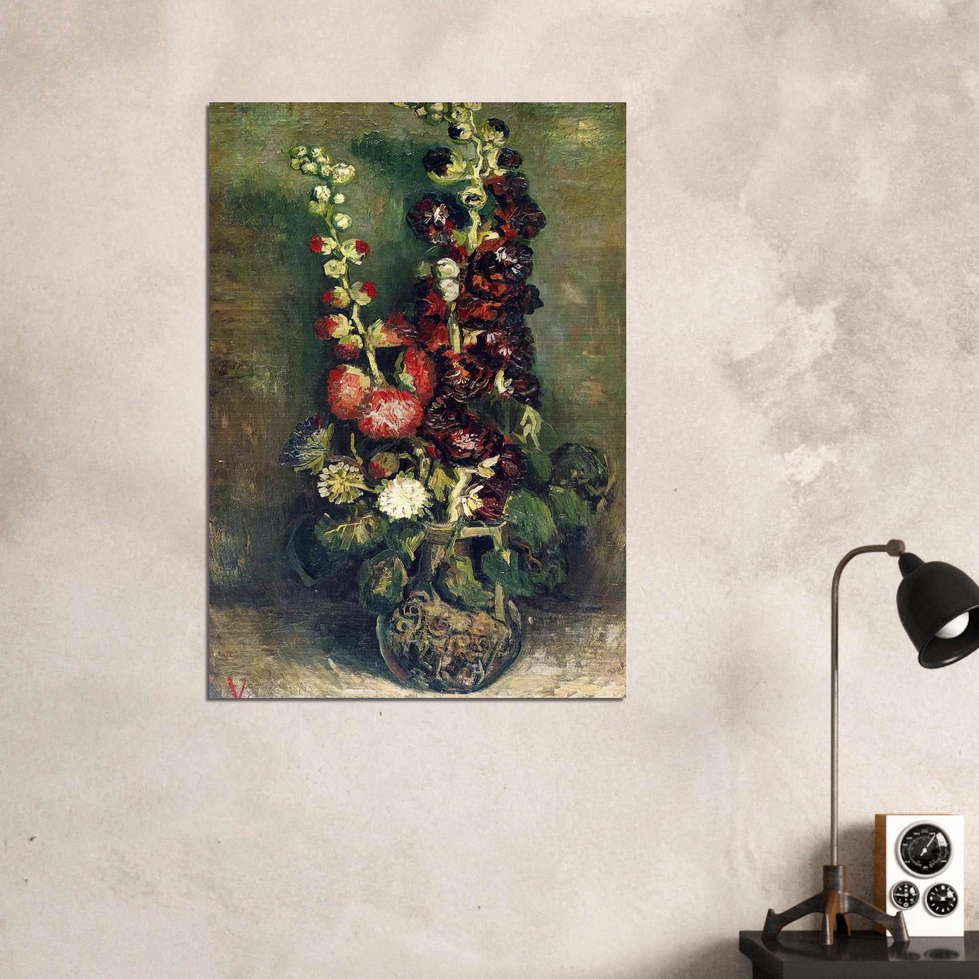 Vase of Hollyhocks - Vincent van Gogh Brushed Aluminum Print - 70x100 cm / 28x40 inches | Vincent van Gogh Aluminum Print | Vincent van Gogh Prints