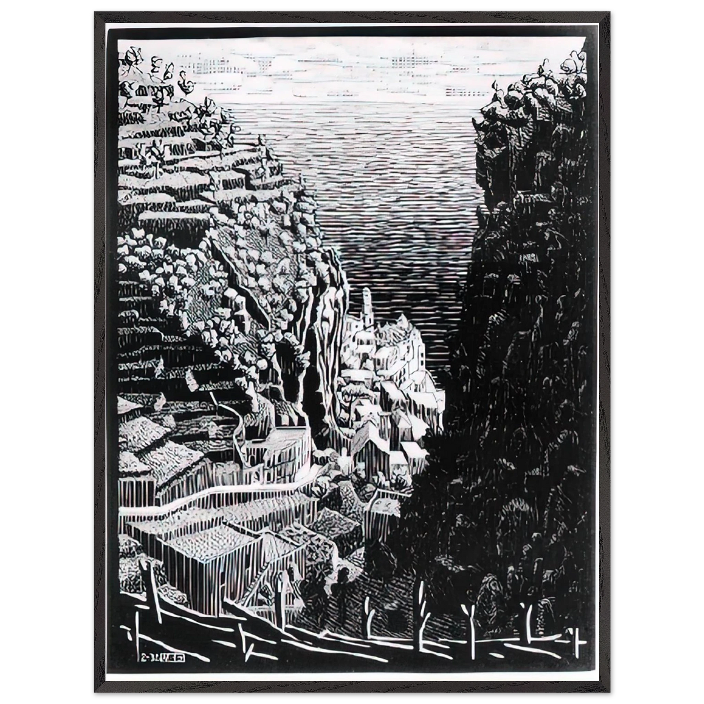 MC Escher - ATRANI COAST OF AMALFI 1 Wall Art - 21x29.7 cm / 8x12" - Premium Wooden Framed Poster With Fine Art Paper-canvas - Black frame