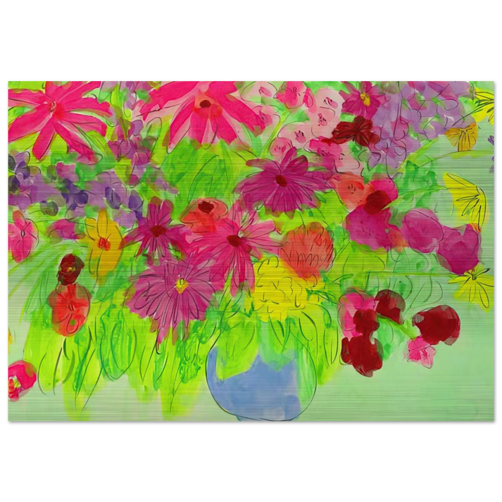 Blue Vase, Many Flowers - Naïve Art Primitivism, Pop Art - Walasse Ting Brushed Aluminum Print - 70x100 cm / 28x40 inches | Walasse Ting Aluminum Print | Walasse Ting Prints