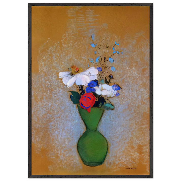 ROSE PEONY AND CORNFLOWERS IN A GREEN VASE - Odilon Redon 70x100 cm / 28x40 inches Framed Art Print – Black Wooden Frame