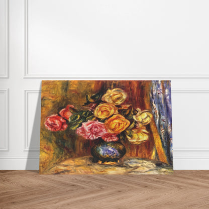 Roses in front of a blue curtain - Pierre-Auguste Renoir Brushed Aluminum Print - 70x100 cm / 28x40 inches | Pierre-Auguste Renoir Aluminum Print | Pierre-Auguste Renoir Prints