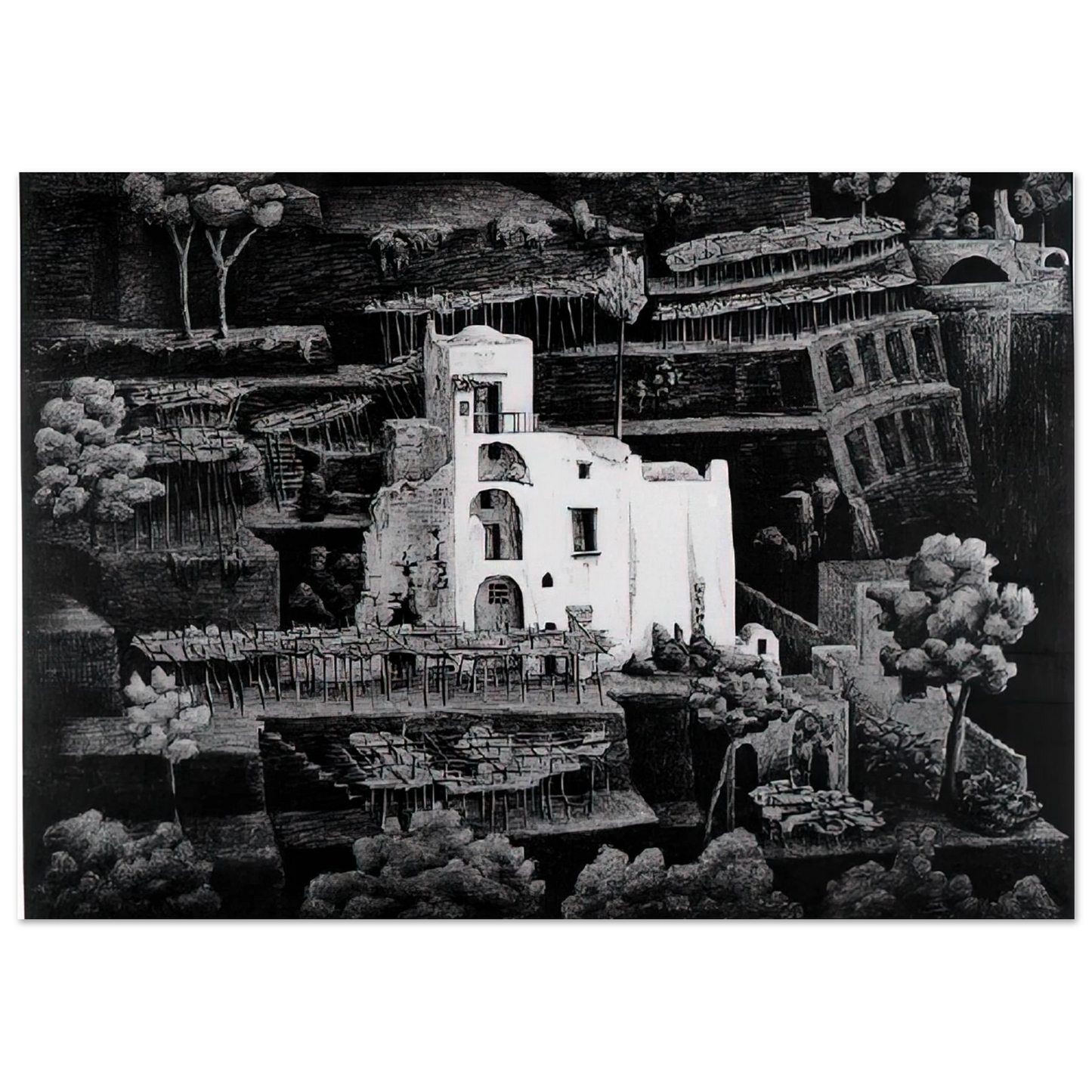 MC Escher - FARMHOUSE RAVELLO Wall Art - 60x80 cm / 24x32 inches - Premium Wooden Framed Poster With Fine Art Paper - Wood frame