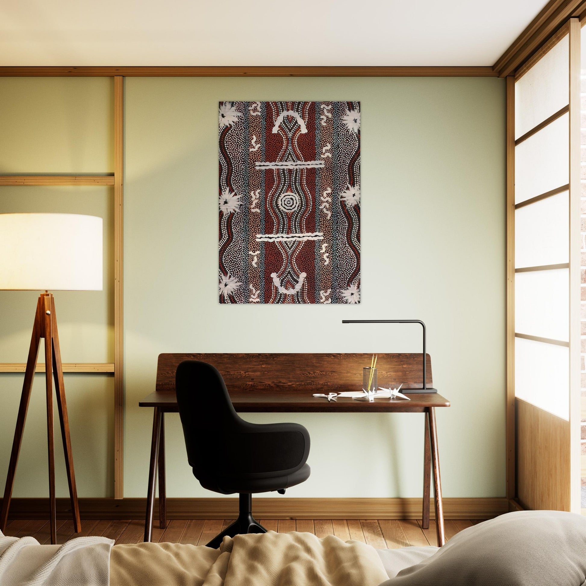 Caterpillar Dreaming - 1998 - Clifford Possum Tjapaltjarri Brushed Aluminum Print - 70x100 cm / 28x40 inches | Clifford Possum Tjapaltjarri Aluminum Print | Clifford Possum Tjapaltjarri Prints