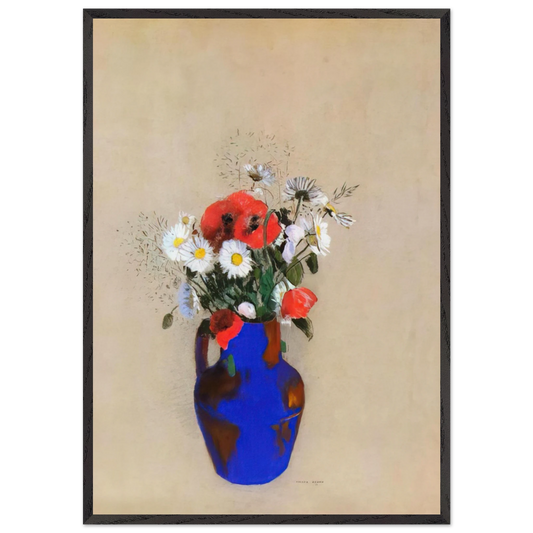 POPPIES AND DAISIES IN A BLUE VASE - Odilon Redon 70x100 cm / 28x40 inches Framed Art Print – Black Wooden Frame