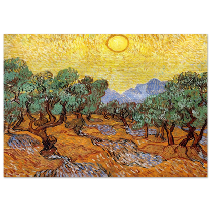 Olive Trees with Yellow Sky and Sun - Vincent van Gogh Brushed Aluminum Print - 70x100 cm / 28x40 inches | Vincent van Gogh Aluminum Print | Vincent van Gogh Prints