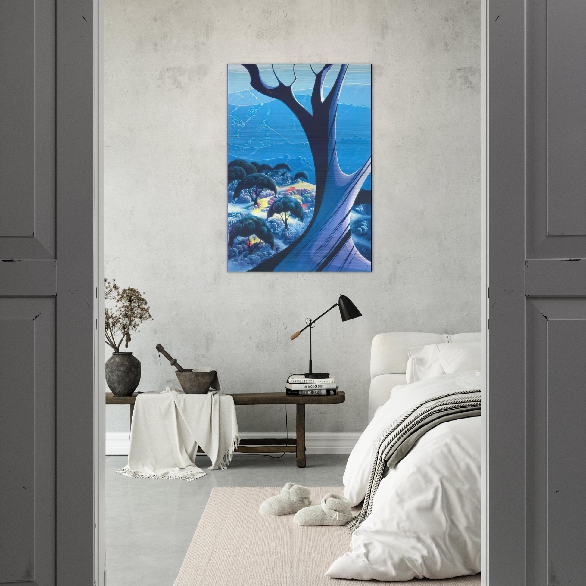 Purple Treeand Mountains - Eyvind Earle Brushed Aluminum Print - 70x100 cm / 28x40 inches | Eyvind Earle Aluminum Print | Eyvind Earle Prints