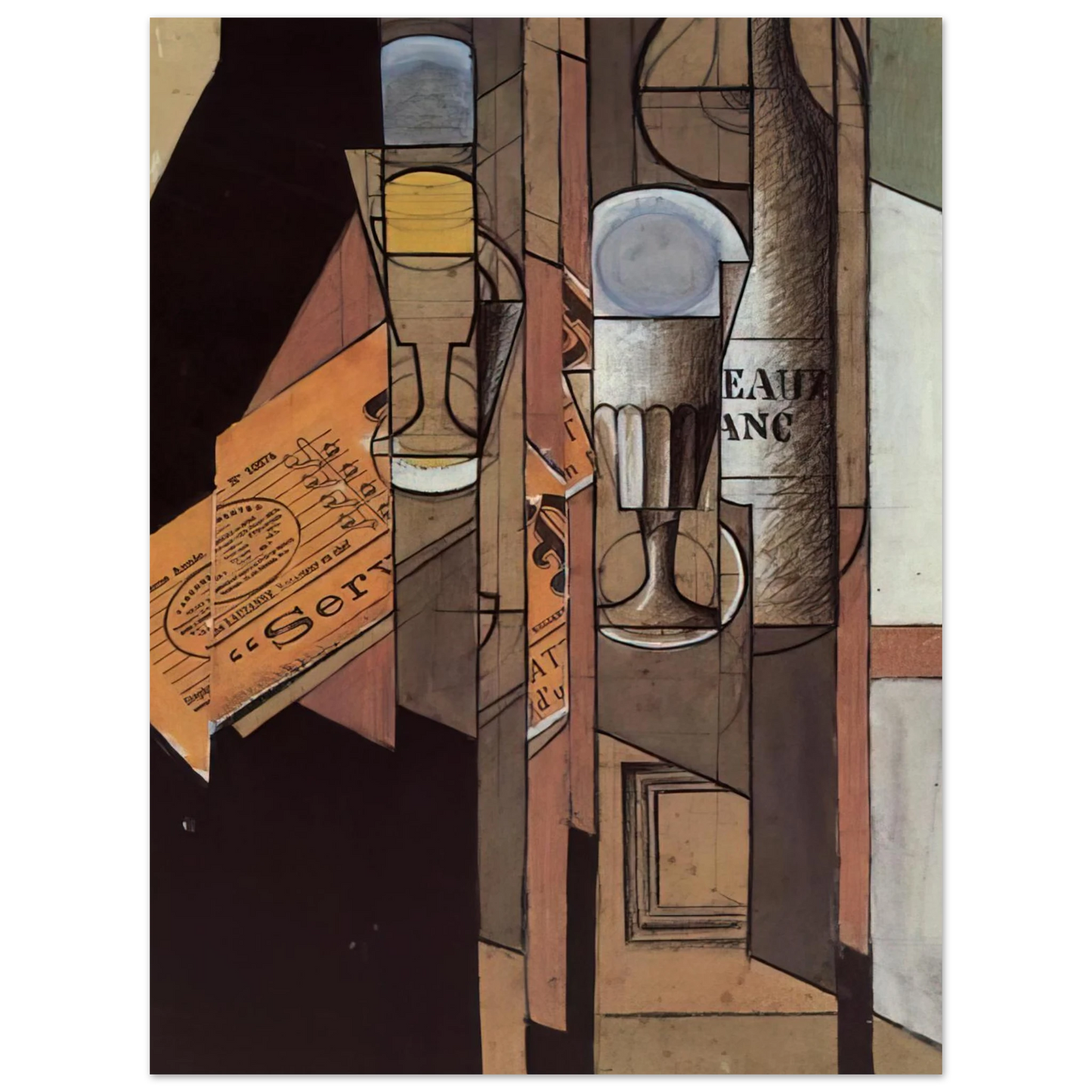 Juan Gris - GLASSES NEWSPAPER AND BOTTLE OF WINE  75x100 cm / 30x40inches Fine Art Poster