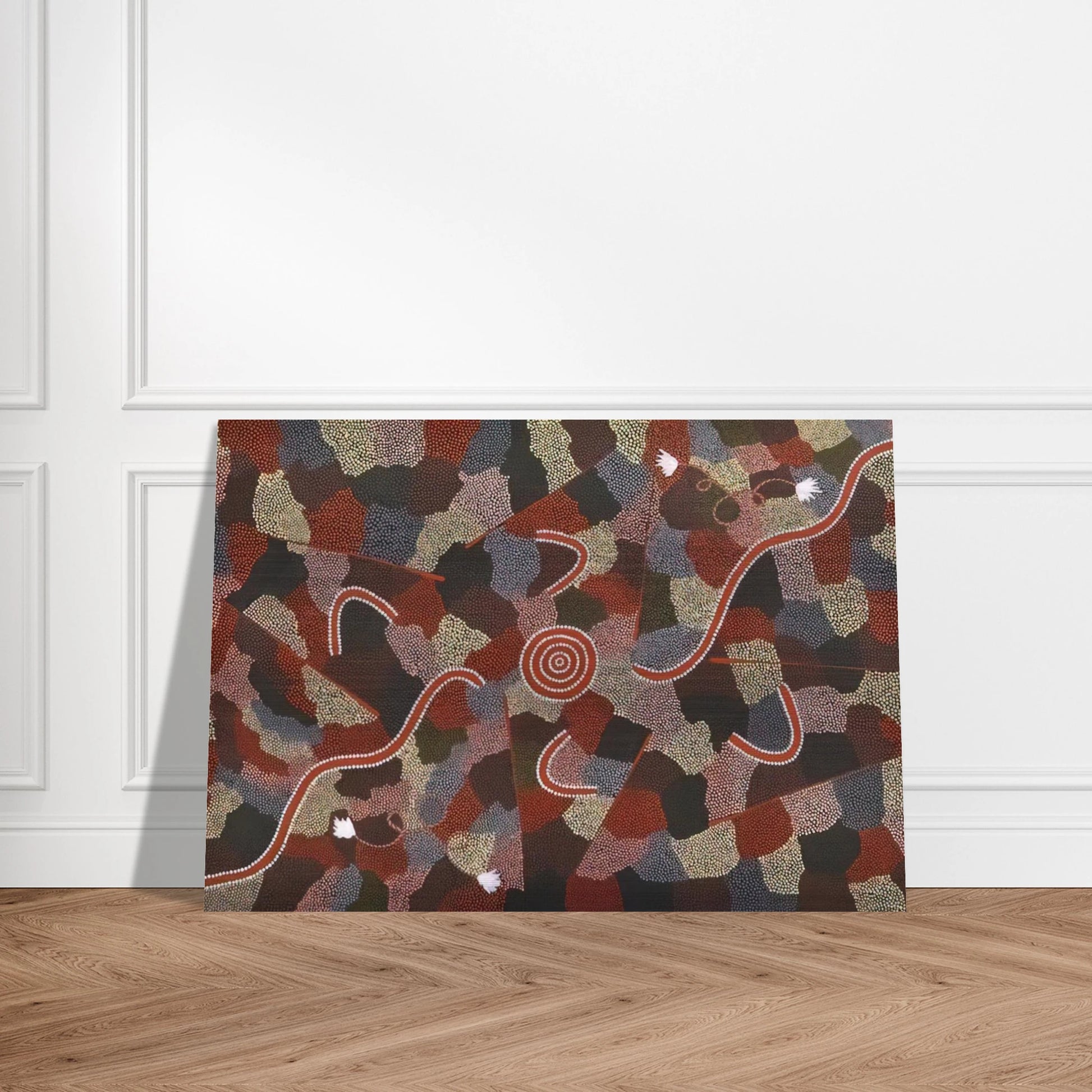Family Dreaming - Native Art - Clifford Possum Tjapaltjarri Brushed Aluminum Print - 70x100 cm / 28x40 inches | Clifford Possum Tjapaltjarri Aluminum Print | Clifford Possum Tjapaltjarri Prints