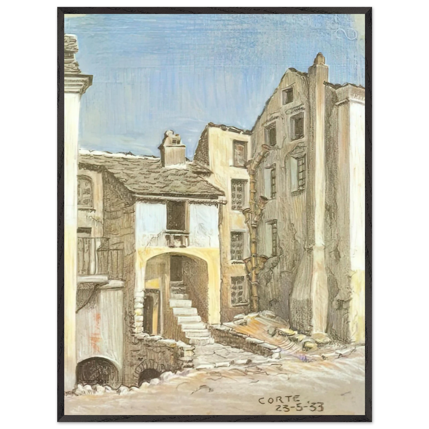 MC Escher - CORTE CORSICA Wall Art - 30x40 cm / 12x16 inches - Premium Wooden Framed Poster With Fine Art Paper-canvas - White frame