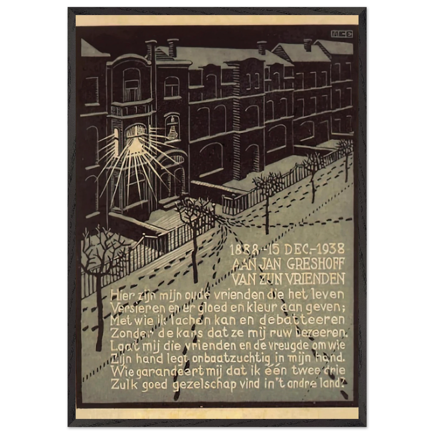 BIRTHDAY CARD FOR G GERSHOFF NOVEMBER 1938 1938 - MC Escher 70x100 cm / 28x40 inches Framed Art Print – Black Wooden Frame | Maurits Cornelis Escher Prints