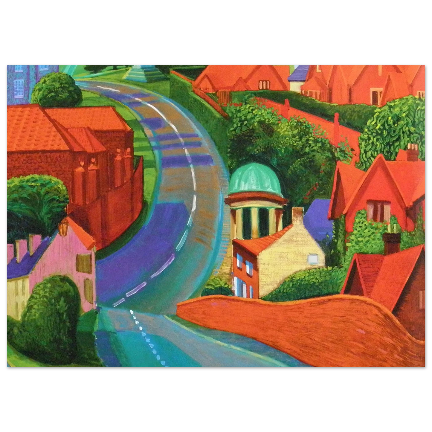 David Hockney - The Road to York Through Sledmere - 15x20 cm / 6x8 inches - Premium Wooden Framed Poster With Fine Art Paper-canvas - White frame