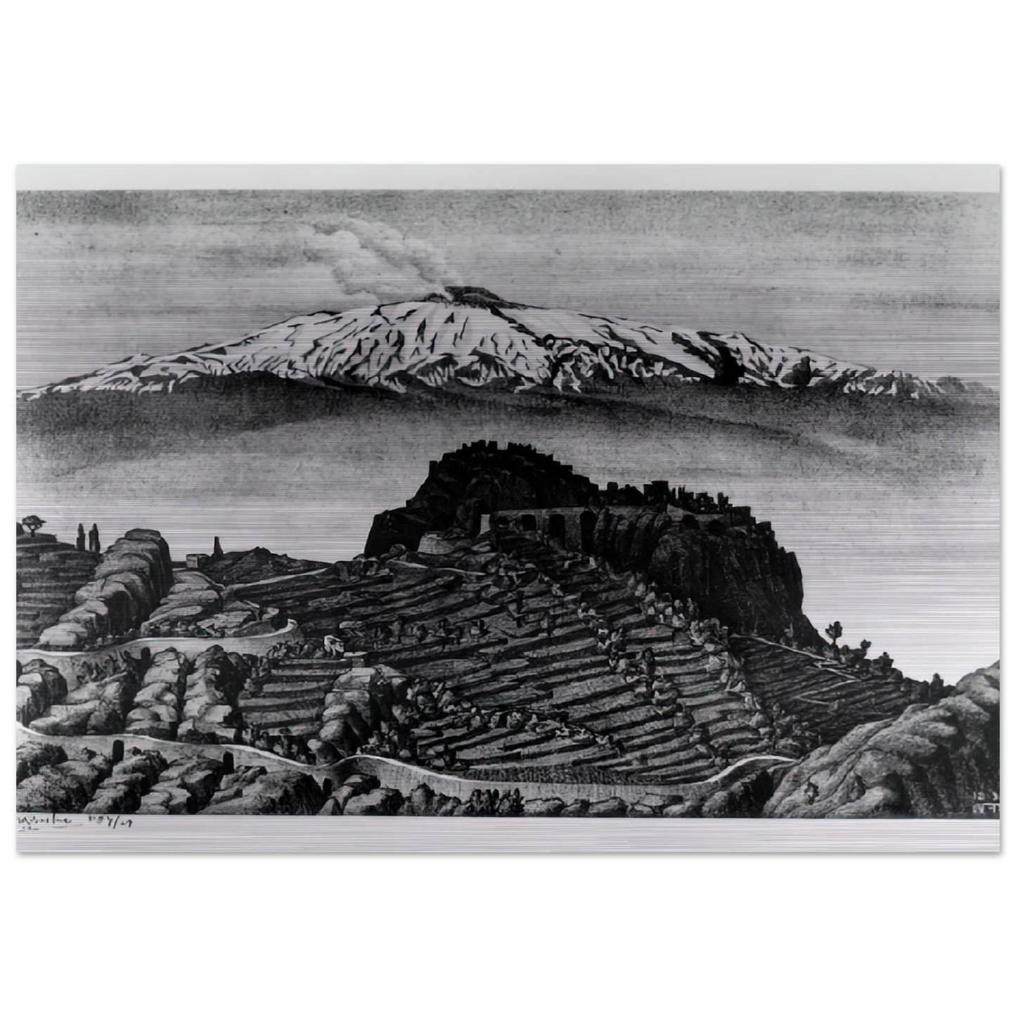 CASTEL MOLA AND MOUNT ETNA SICILY DECEMBER 1932 1932 - MC Escher Brushed Aluminum Print - 70x100 cm / 28x40 inches | MC Escher Aluminum Print | MC Escher Prints
