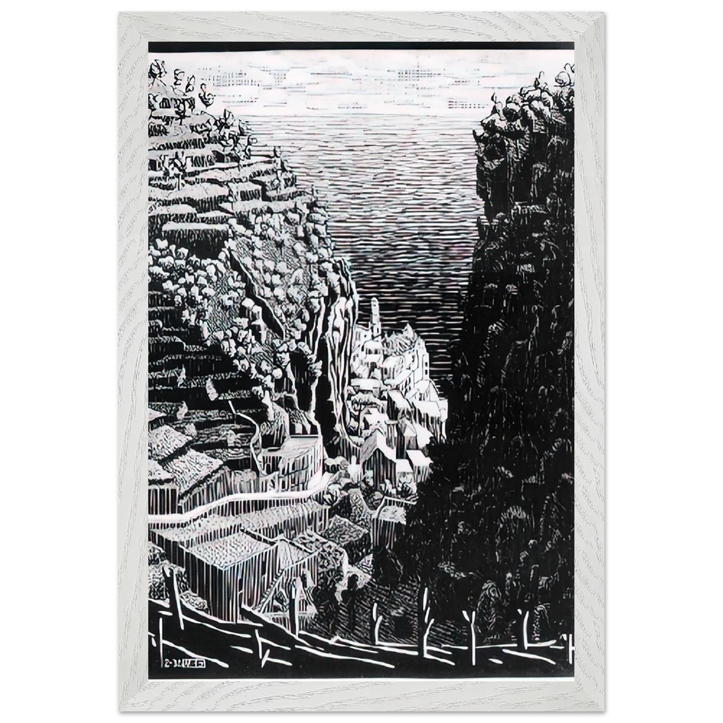 MC Escher - ATRANI COAST OF AMALFI 1 Wall Art - 30x40 cm / 12x16 inches - Premium Wooden Framed Poster With Fine Art Paper-canvas - Wood frame